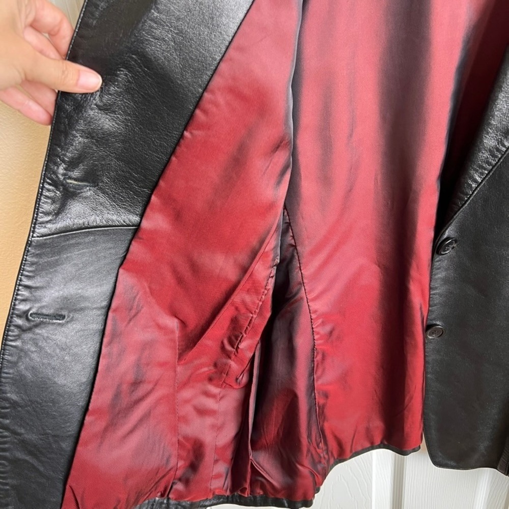 Whet‎ Blu Leather Blazer Jacket Womens Large Black Single Button Red Lining - Picture 5 of 11